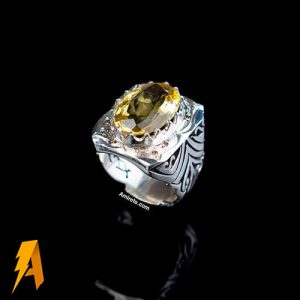 انگشتر دستساز نقره سیترین طلایی معدنی مخراج الماس طبیعی کد ۵۵۵۹